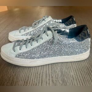 P448 Sneakers with Silver Glitter and Leopard Print Detailing